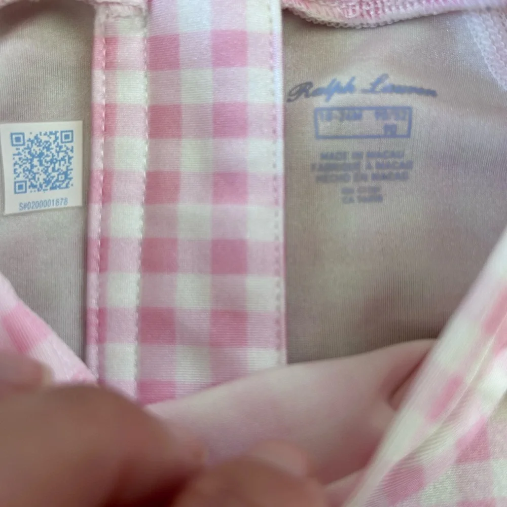 Ralph Lauren pink gingham checkered swimsuit rashguard one piece swim l #preppy